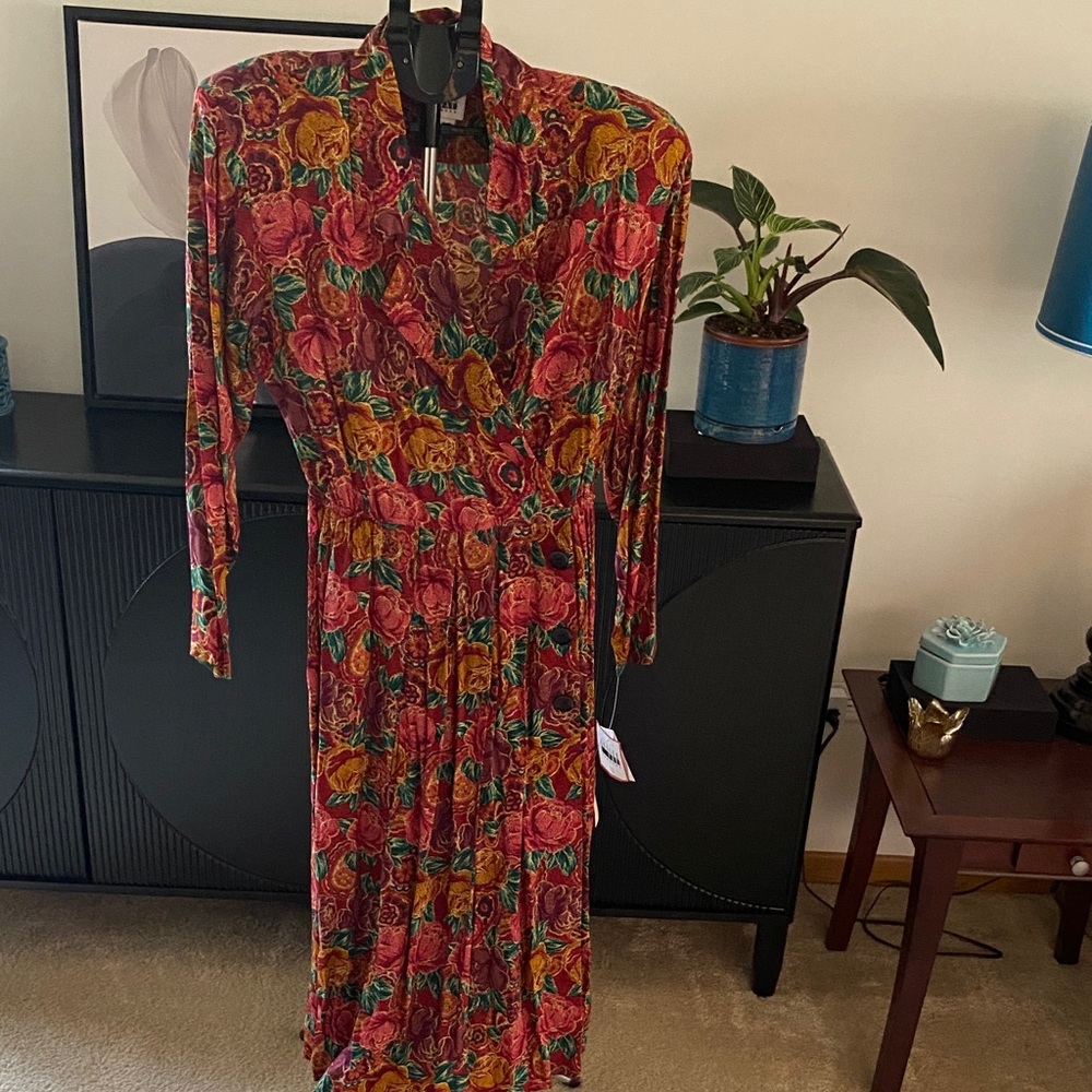 Vintage Leslie Fay Multicolor Floral Long Sleeve Dress